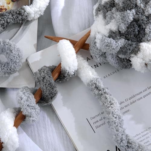 HOMBYS Chunky Tie Dye Mix Chenille Yarn for Hand Knitting, Super Bulky Jumbo Yarn for Crocheting, 3/4" Thick Soft Plush Yarn for Blankets, 8 Skein Pack (26 yds / 7.5 oz Each) Dark Grey Grey White - Thumbnail 6