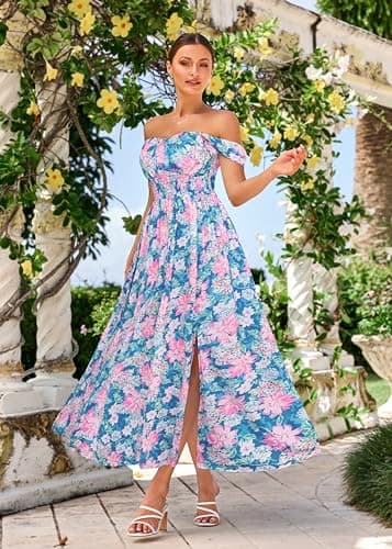 GRACE KARIN Summer Floral Dress for Women 2026,Off the Shoulder Smocked Bridesmaid Dresses,Formal Baby Shower Maxi Dresses Blue Pink S - Thumbnail 4