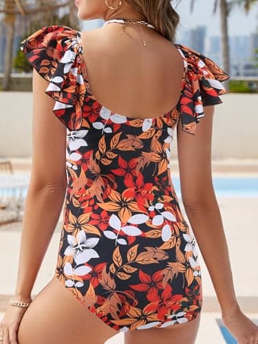 VIAURBE Women One Piece Swimsuits Tummy Control Bathing Suit Ruffle V Neck Swimwear Slimming Monokini Black Floral L - Thumbnail 3