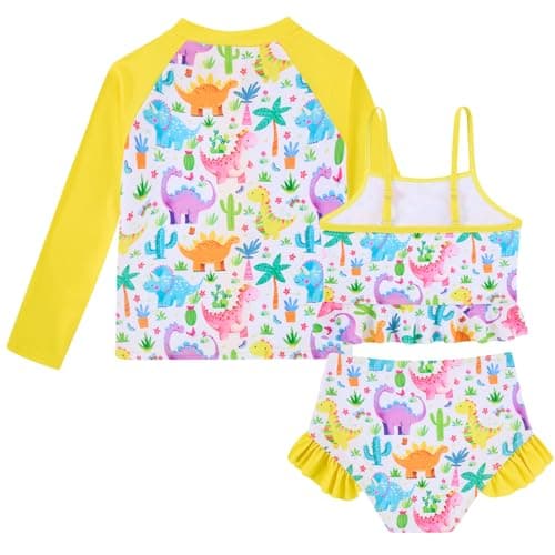 Funnycokid 5T Little Girls Swimsuit Kidss Size 6 Bathing Suit Dinosaur Yellow Ruffle Rashguard Sets Swimwear Zipper Long Sleeve 3 Piece Swimming - Thumbnail 2
