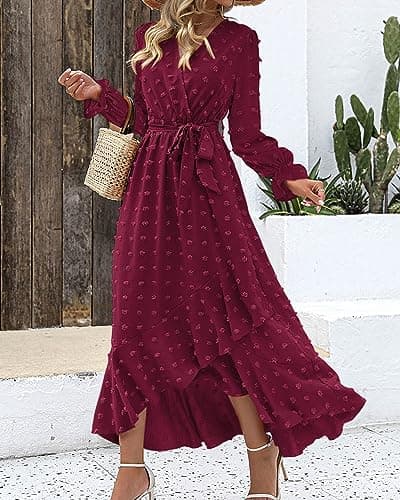 BTFBM Long Sleeve Maxi Dresses for Women V Neck Swiss Dot Boho Flowy Slit Cocktail Wedding Guest Dress Fall Clothes 2025(Wine Red, Medium) - Thumbnail 2