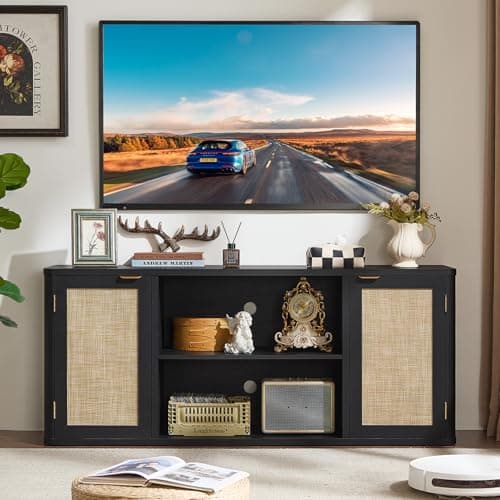 LEYAOYAO Rattan TV Stands for Living Room, Black - Thumbnail 4