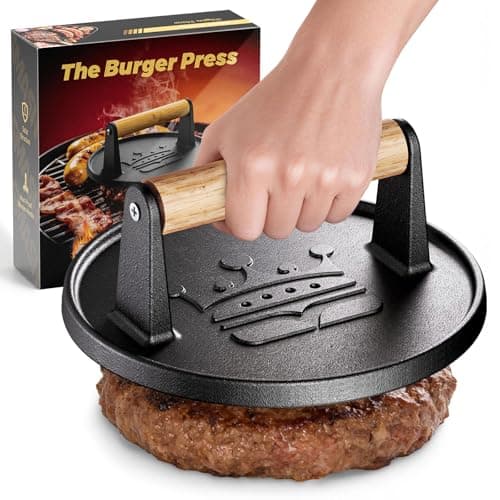 Smash Burger Press 6.5”,Cast Iron Flat Round Edge Grill/Bacon/Meat/Hamburger/Chef Press with Wood Handle,1.74lb hamburger press patty maker for Griddles,Nonstick burger smasher for griddle accessories - Image 1