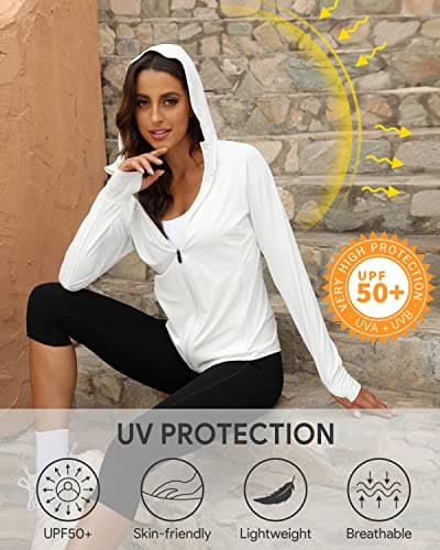 We1Fit Women's UPF 50+ Sun Protection Jacket Hooded Zip Up SPF Shirts Long Sleeves White - Thumbnail 6