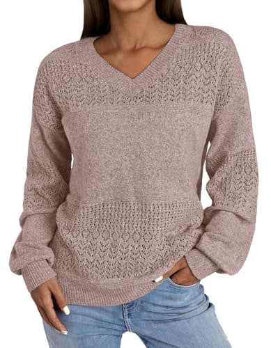 NORACORA Womens Fall Sweaters 2025 V Neck Casual Long Sleeve Ribbed Knit Oversized Pullover Lightweight Crochet Loose Sweater Tops Pink - Image 1