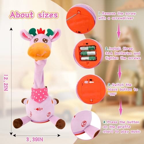 LUKETURE Purple Musical Talking Dancing Giraffe Plush Toy, Talking Baby Toy with Lights, 10 Songs and Voice Repeat, Soft Sensory Gift - Thumbnail 5