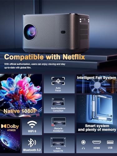 Polaring Native 1080P Projector with Official Licensed Netflix, 4K Supported Smart Movie Projector with WiFi and Bluetooth,Auto Focus/Keystone, Sealed Optical Engine for Home Theater & Bedroom - Thumbnail 3