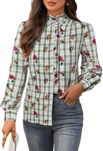LOOKBOHO Women's Spring Blouse 2026 - Ruffle Collar Button Down Tops Dressy Elegant Plaid Retro Shirts for Casual, Office, Work, Everyday Wear Green Gingham Medium - Image 1