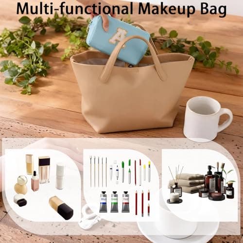 Makeup Bag Initial Preppy Patch Bag,Small PU Leather Travel Cosmetic Bag Pouch with Zipper, Blue Cute Toiletry Bag,Gift Ideal for Teen Girls Women Birthday Friend Mom, Latter A - Thumbnail 5