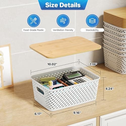 Anysig 8 Packs Plastic Storage Bins with Bamboo Lids - Stackable Storage Bins Decorative Small Basket Containers for Organizing Shelves Office Classroom Desktop Closet, Cream White - Thumbnail 2