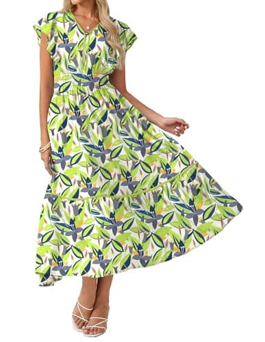 GRACE KARIN 2026 Summer Wedding Guest Dresses for Women Ruffle Sleeve Boho Midi Dress Smocked Flowy Floral Dress with Pocket White Green XL - Image 1