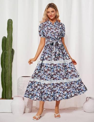 GRACE KARIN Women's 2026 Summer Floral Flowy Dresses Boho Tie Belt Short Puff Sleeve A Line Maxi Shirt Dress with Pocket Black Blue Medium - Thumbnail 5