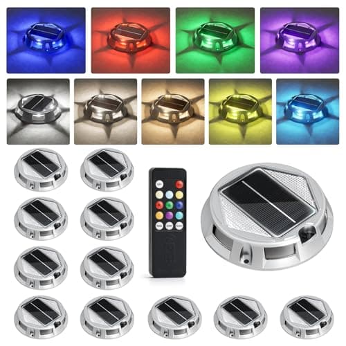 VOLISUN Solar Driveway Lights with Remote Control 12 Pack, 9-Color Changing & 12 Modes IP68 Waterproof for Marine Dock Deck and Pathway Walkway Garden, RGB LED Outdoor Markers Landscape - Image 1