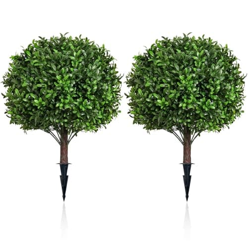 Artificial Olive Leaf Boxwood Topiary Ball Trees, Set of 2 UV Resistant 16in Outdoor Plants – Artificial Bonsai, Miniature Trees, Garden, Curb Appeal - Image 1