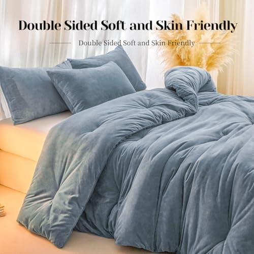 Hailyuwl Velvet Comforter Set Twin Size, Grey Blue Fluffy Velvet 3 Piece, Soft Breathable Luxury Winter Warm Bedding Sets, with 1 Cozy Comforter, 2 Pillow Shams - Thumbnail 5
