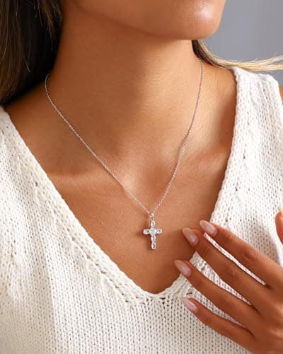 Solistra Cross Necklace for Women, Silver Plated Cubic Zirconia Cross Pendant Necklace, Trendy Christian Gifts for Baptism First Communion Christmas - Thumbnail 2
