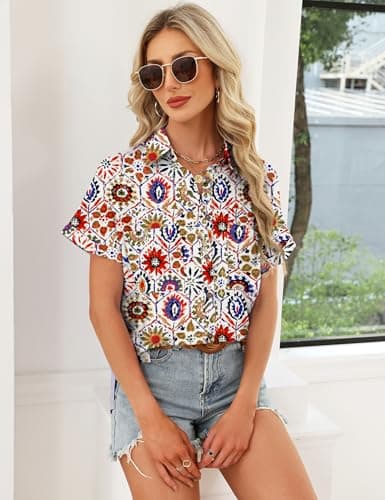 Kistore Womens Hawaiian Shirts Button Down Shirt with Pocket Short Sleeve Blouses Business Casual Work Tops Summer Outfits M - Thumbnail 4