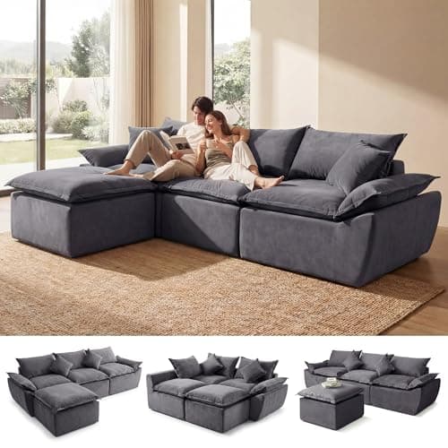 ceamorfco 108" Modular Sectional Sofa, 3-Seater Cloud Couch with Moveable Ottoman, L-Shaped Boneless Sofa, Deep Seat Comfy Couches for Living Room Bedroom, Apartment, No Assembly Required, Gray - Image 1