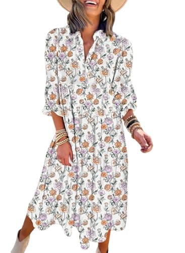 Dokotoo V Neck Summer Dresses for Women 2026 Puff Long Sleeve Spring Outfits Ruffle A-Line High Waist Long Dresses Casual Flowy Boho Beach Dress for Evening Party Small White - Image 1