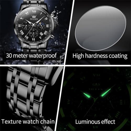 OLEVS Watch Men Luxury Black Watches for Men Dress Luminous Waterproof Analog Quartz Mens Watches with Date Fashion Stainless Steel Large Face Chronograph Moon Phase Classic Wrist Watch for Man - Thumbnail 5