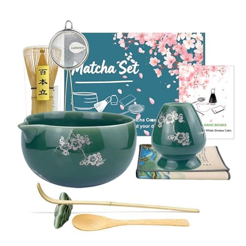 Matcha Whisk Set, Ceramic Matcha Kit Set Includes Matcha Bowl, Matcha Whisk and Holder, Bamboo Scoop and Spoon, Scoop Rest, Sifter and Tea Towel - 8 Pcs Matcha Kit for Matcha Lovers, Green - Image 1