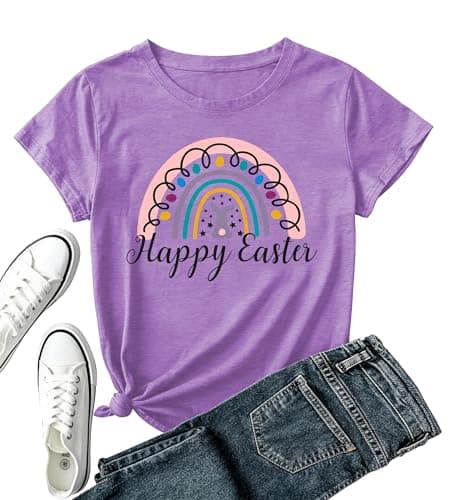 Happy Easter Shirt Women-Cute GILR Bunny Short Sleeve Easter Egg Tshirt Rainbow Tee Tops - Image 1