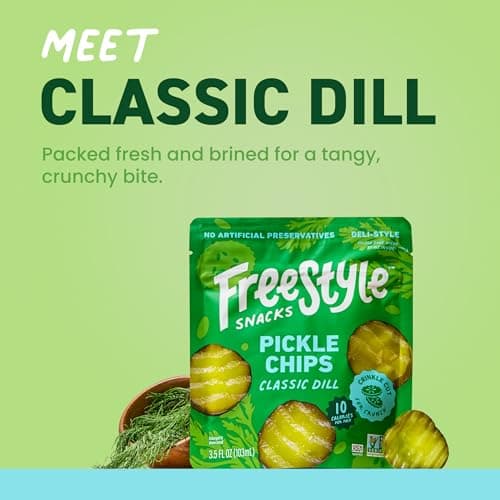 Freestyle Snacks Pickle Chip Snack Packs - Classic Dill - All Natural, Fresh-Packed Deli-Style Pickles - Non-GMO, Kosher, Gluten-Free, Low Calorie Snacks - 3.5 Ounce (12 Pack) - Thumbnail 3