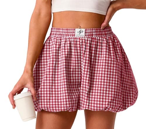 Lepunuo Boxer Shorts for Women Gingham Pajama Summer Casual Bubble Plaid Shorts Y2K Vacation Beach Bottoms - Image 1
