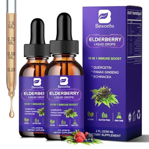 B BEWORTHS 2 Pack Elderberry Syrup, Black Elderberry Drops with Quercetin, Panax Ginseng, Vitamin C and Zinc, Sambucus Elderberry Syrup Liquid for Immune Support, Vegan, Non-GMO & Gluten Free - Image 1