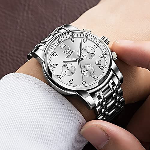 OLEVS Watch Men Silver Watches for Men Stainless Steel Analog Quartz Mens Watches Dress Waterproof Metal Band Luxury Wrist Watch for Man with Day Date Diamond Large Face Chronograph Reloj para Hombre - Thumbnail 3