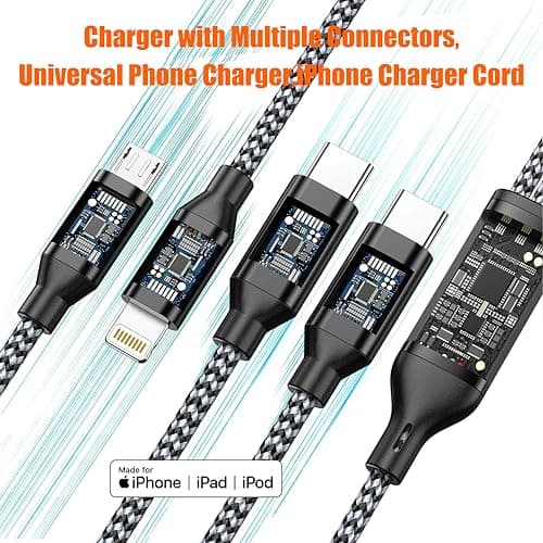 HYXing Multi Charging Cable 4ft 2Pack, 4 in 1 Charging Cable Nylon Braided Lightning iPhone Charger,Universal Charger Phone Cord with Type-C,Micro USB,IP Port for iPhone17-5/Android -Black Grey - Thumbnail 4