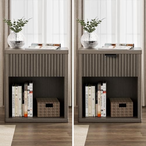 Night Stand Fluted Nightstand with Drawers for Bedroom, Modern Mid Century Bedside Table with Open Storage Shelf, Wood Night Stands End Table for Living Room Sofa Home Office Antiqued Brown Oak - Thumbnail 5