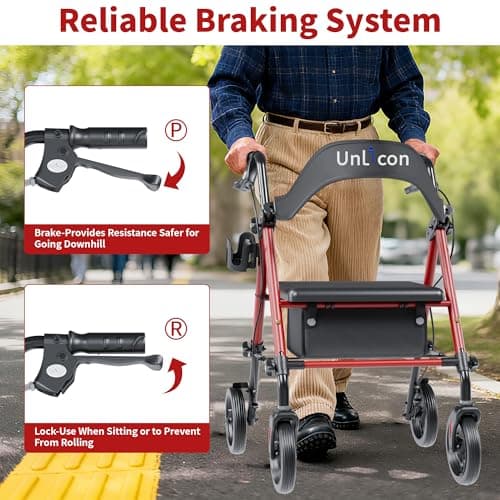 UNLICON Rollator Walkers with Seat, Rollator Walker with Durable, 8'' Big Wheels, 350 lb. Weight Capacity, Adjustable Handles and Seat Height ，Lightweight Rolling Walker for Seniors-Red - Thumbnail 2