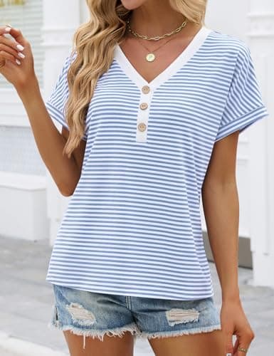 Short Sleeve Tops for Women Striped Henley T-Shirts V Neck Dressy Casual Button Front Blouses Summer Trendy Dolman Sleeve Tee Shirts 2026 (Blue, Small) - Thumbnail 4