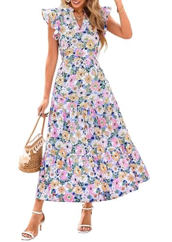 PRETTYGARDEN Women's 2026 Summer Floral Midi Dress Cap Sleeve V Neck Ruffle Long Flowy Boho Casual Beach Vacation Dresses (Floral Purple Pink,Medium) - Image 1
