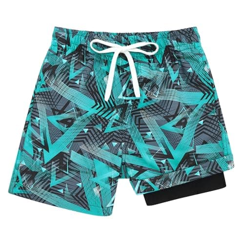 Cozople Boys Swim Trunks with Boxer Brief Liner Swim Shorts Geometry Green Boardshorts Quick Dry Soft Swimsuit Anti Chafe Bathing Suit Compression Beachwear Size 10-12 - Image 1