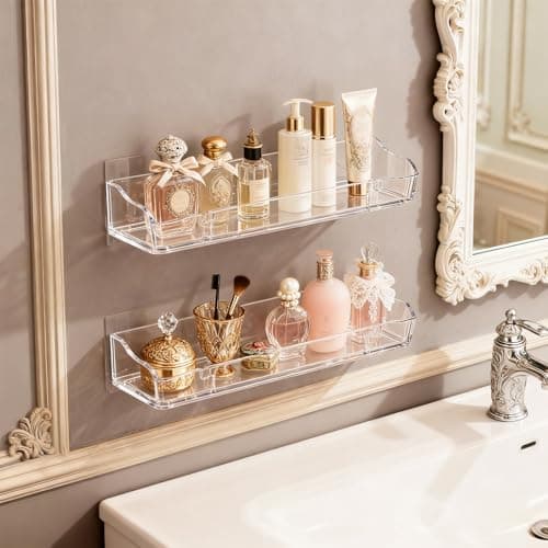2 Packs Clear Floating Display Shelves for Wall, Clear Acrylic Card Display Shelf Room Decor for Doll Figurine/Book/Photo/Makeup in Living Room, Bedroom, Kitchen Storage and Bathroom Wall Organizer - Thumbnail 4