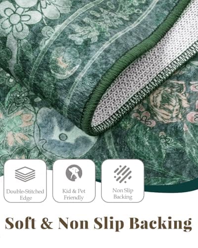 Green Floral 8x10 Living Room Area Rug, Washable Vintage Distressed Rug for Bedroom, Dining Room Under Kitchen Table, Large Low Pile Non Slip Carpet - Soft Boho Botanical Accent Mat - Thumbnail 5
