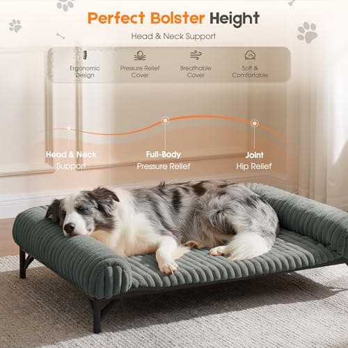 Elevated Dog Bed with Removable Fluffy Pillow Cushion, Raised Pet Cot Washable Bolster, Dog Couch Sofa, Anti Slip Feet, Breathable Mesh, Light Grey, 36"×26" - Thumbnail 2