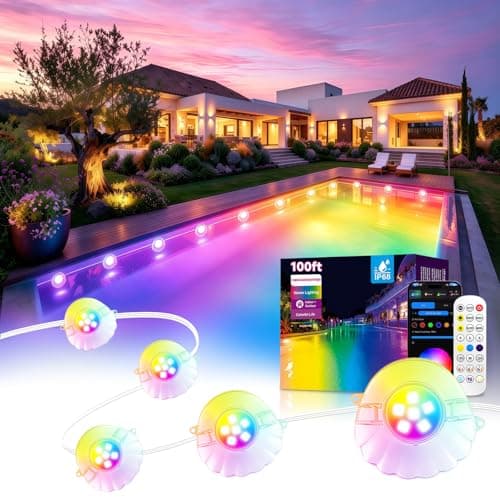 AHAWILL 100FT RGB Swimming Pool Lights for Inground & Above Ground Pools,IP68 Waterproof,Plug-in 16 Shell Pool LED String Lights,Remote/APP Control,16M Colors,DIY Timer,44 Dynamic Modes for Pool Decor