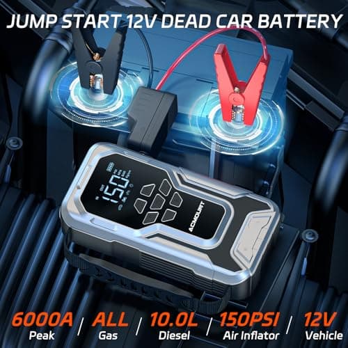 Acmount Jump Starter with Air Compressor, 6000A Car Battery Jumper Starter Portable(All Gas/10.0L Diesel), 150PSI Tire Inflator Air Pump, 12V Jump Pack with LCD Display, USB Quick Charge & LED Light - Thumbnail 2