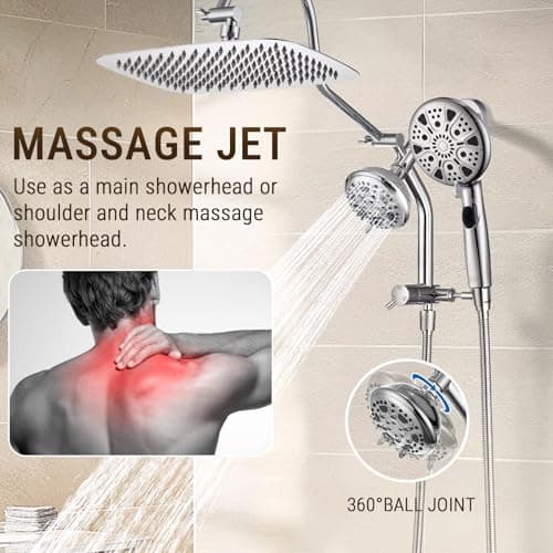 G-Promise 12 Inch Metal Rain Shower Head with Handheld Spray Combo, Massage Fixed and 7+2 Function Handheld Showerhead, Extended Diverter with 12 Inch Extension Arm, Extra Long stainless steels Hose - Thumbnail 2