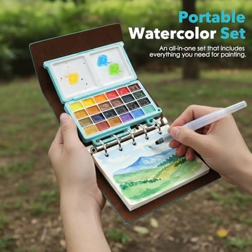 Mini Watercolor Paint Set, Portable Watercolor Sketchbook Set with 24 Colours, Brush & Drawing Paper, Travel Watercolor Kit for Beginners, Artists & Painting Lovers - Thumbnail 2