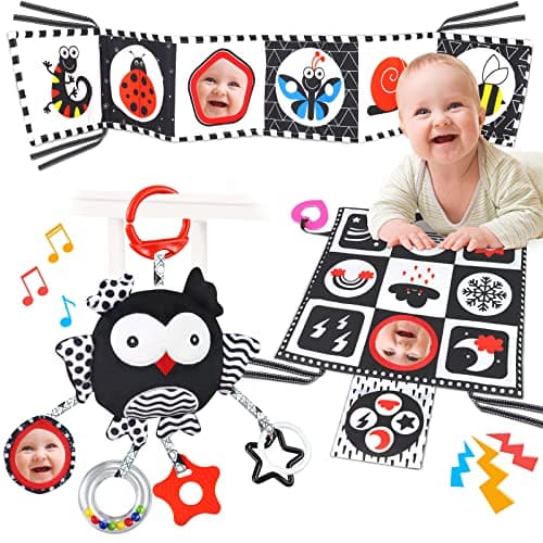 KUANGO Black and White High Contrast Baby Toys 0-6 Months with Mirror, Crinkle and Rattles, Soft Baby Toys for Brain Development Montessori Sensory Tummy Time Newborn Infant for 0 3 6 9 Months Old - Image 1