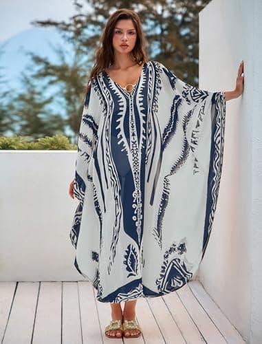 ZAFUL Kaftan Dresses for Women Moo Moos Plus Size O Ring V Neck Batwing Sleeves Beach Cover Ups Hawaii Summer Vacation Outfits Caftan Maxi Dress Loungewear Blue - Thumbnail 5
