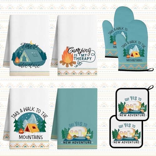 Vetoxka 8 Pcs Camping Kitchen Towels and Dishcloths Sets - Pot Holders and Oven Mitts Set Kitchen Accessories 4 Dish Towels 2 Absorbent Potholders for Cooking Baking Farmhome Gifts for Rv Campers - Image 1