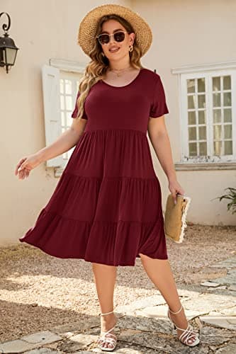 Younrui Women's Plus Size Midi Aline Casual Dress Short Sleeve Solid Babydoll Flowy Ruffle Hem Tiered Summer Dress (1XL-1001-Burgundy) - Thumbnail 5