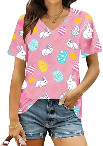 Easter Shirts for Women V Neck Happy Bunny Tshirt Cute Easter Rabbit Eggs Graphic Tee Spring Colorful Tops - Image 1