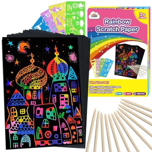 ZMLM Scratch Art Crafts Girls Gifts, 100pcs Rainbow Scratch Paper Art for 3 4 5 6 7 8 9 Years Old Girls and Boys Kids, Arts and Crafts for Kids 4-6 Christmas Gifts Toys and Party Favors (Pink) - Image 1