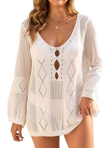 VIAURBE Womens Summer Crochet Swimsuit Coverup Sexy Crew Neck Long Sleeve Mesh Knit Bikini Cover Ups Beach Dresses 2025 White XL - Image 1